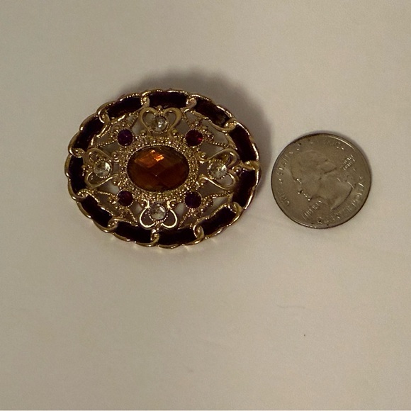 VINTAGE BROOCH OVAL GOLD FILIGREE BROWN VELVET RIBBON CLEAR BROWN RHINESTONE - Picture 4 of 6